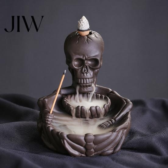 Creative Smoke Waterfall Skeleton Incense Burner, Backflow Cone Holder, Gothic Skull Artistic Diffuser Stick Holder for Halloween Home Decor,