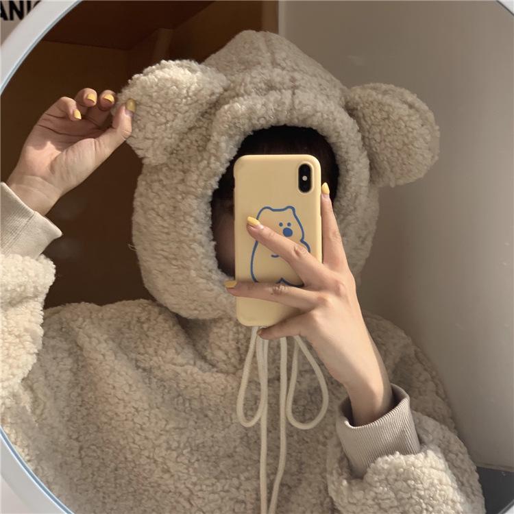 Женское худи большого размера из искусственной овечьей шерсти с ушками медведя - Свободный крой для осени/зимы