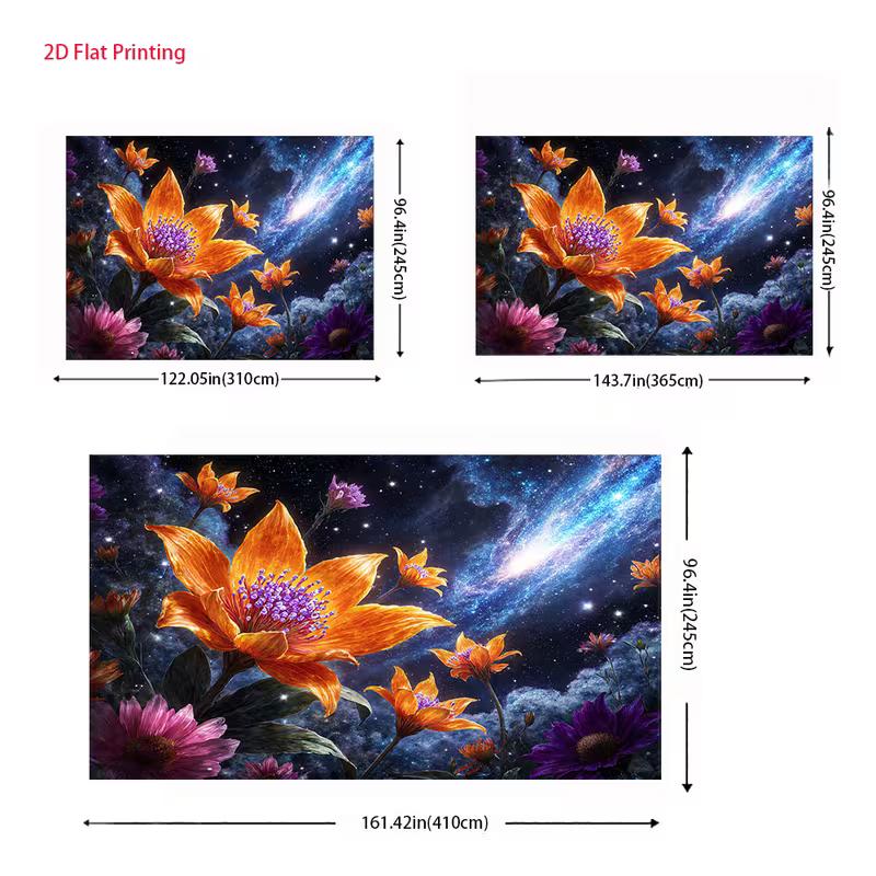 2D Themed Tapestry for Modern Decor, Cosmic Flowers with a Bright Nebula and Starry Night