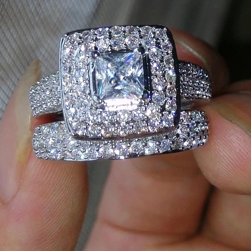 Luxury Fashion Wedding Rings for Women 2Pcs/Sets Full Shiny Tiny CZ Jewelry for Engagement High-quality Accessories Gift