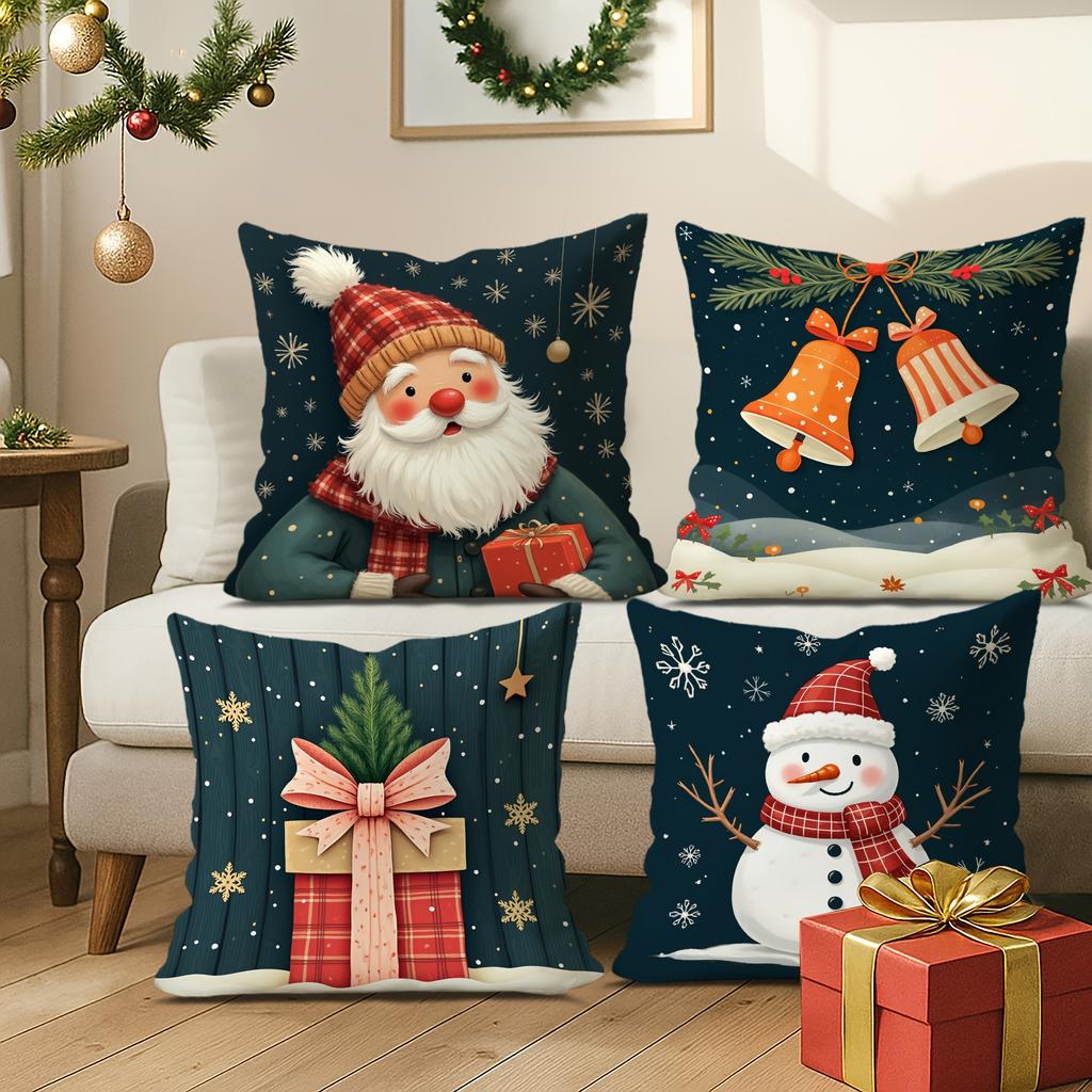 4Pcs Christmas Pillow Covers - Vintage Navy Velvet Holiday Decor With Santa, Bells And Snowman & Flakes Prints, Zipper Closure