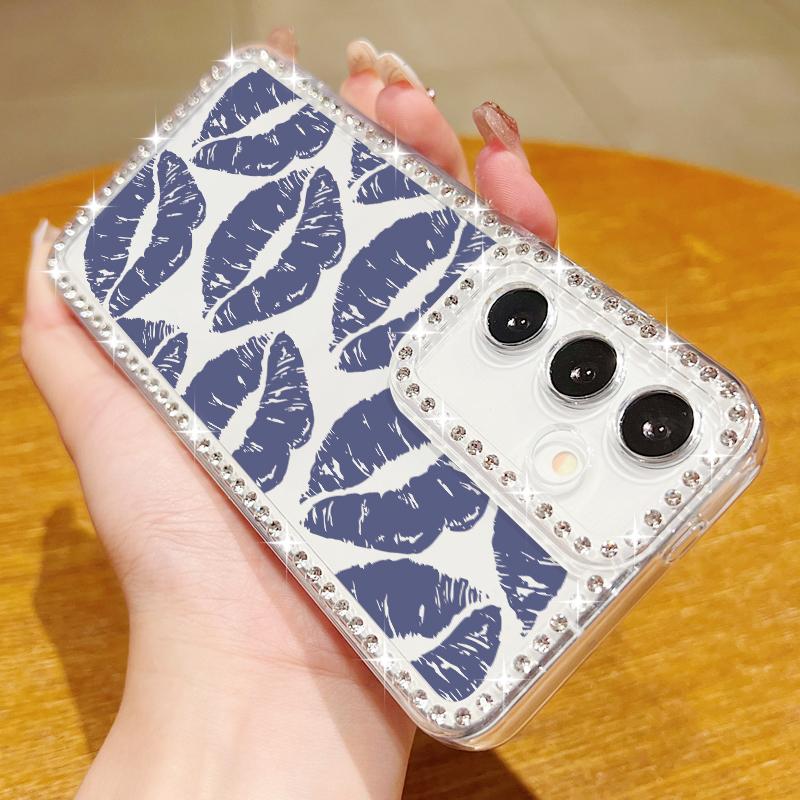 Мягкий силиконовый чехол с принтом в виде губ и ромбовидной рамкой для Samsung S25 Edge S24 FE S23 Ultra S22 A16 A56 A36 A15 A55 A35, прозрачный противоударный чехол для телефона