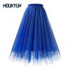 Women Midi Pleated Skirts Tulle Skirt Spring Summer Elastic High Waist Mesh Tutu Skirt