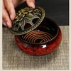 Large kiln-fired ceramic incense holder set with vintage brass cover, includes fireproof mat, coiled incense tray and mesh cover