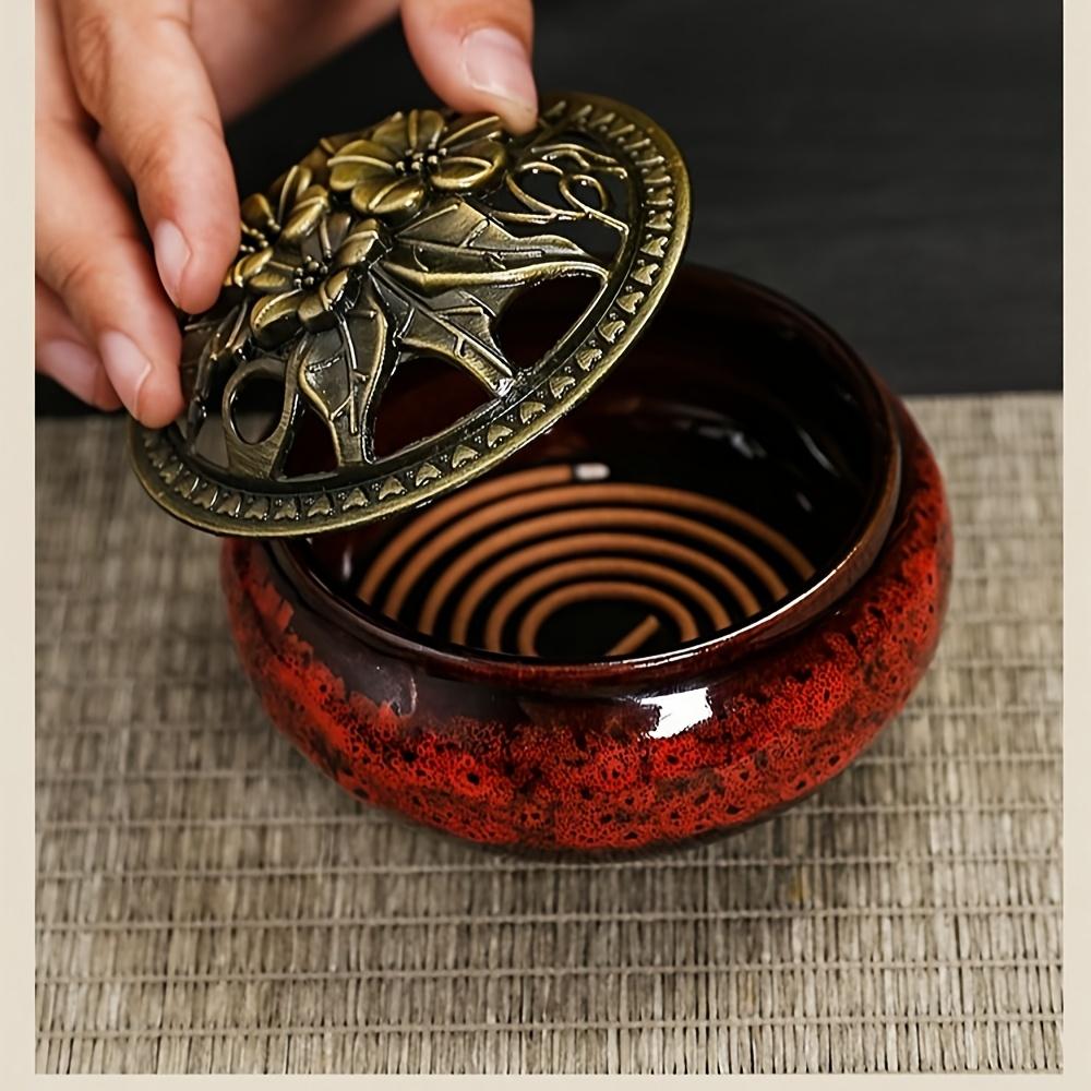 Large kiln-fired ceramic incense holder set with vintage brass cover, includes fireproof mat, coiled incense tray and mesh cover