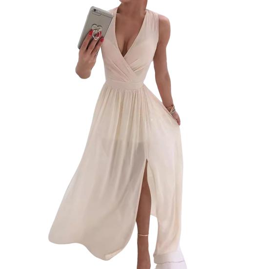 Женское вечернее платье с V-образным вырезом без рукавов, плиссированное подол с разрезом, тонкая талия, длина до пола, сплошной цвет, свадебное коктейльное платье для выпускного вечера, макси-платье
