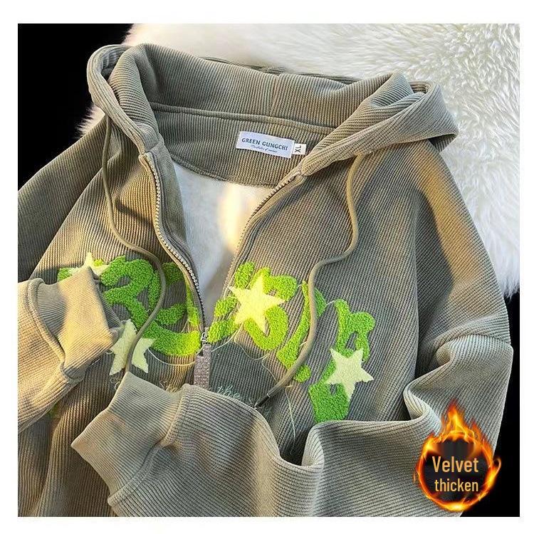 Мужской винтажный вельветовый кардиган с капюшоном на флисовой подкладке