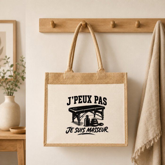 Sac Cabas Jute avec Poche J’peux pas je suis Masseur J'peux pas minimaliste | Toile de Jute et Coton 21 L Fond Plat Anses 65 cm