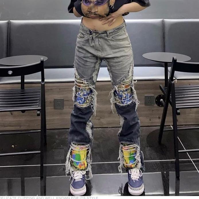 Промытые дырки, старые винтажные вышитые свободные прямые брюки, рваные джинсы, женские брюки Y2k, джинсовые брюки с высокой талией, уличная одежда в стиле панк