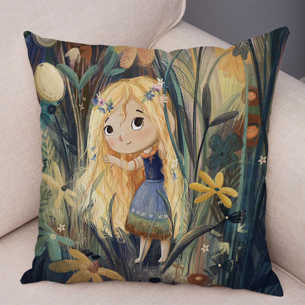 Super Soft Plush Pillow Case for Sofa Home Watercolor Cartoon Girl Cushion Cover Decor Fairy Tale World Lovely Child Pillowcase