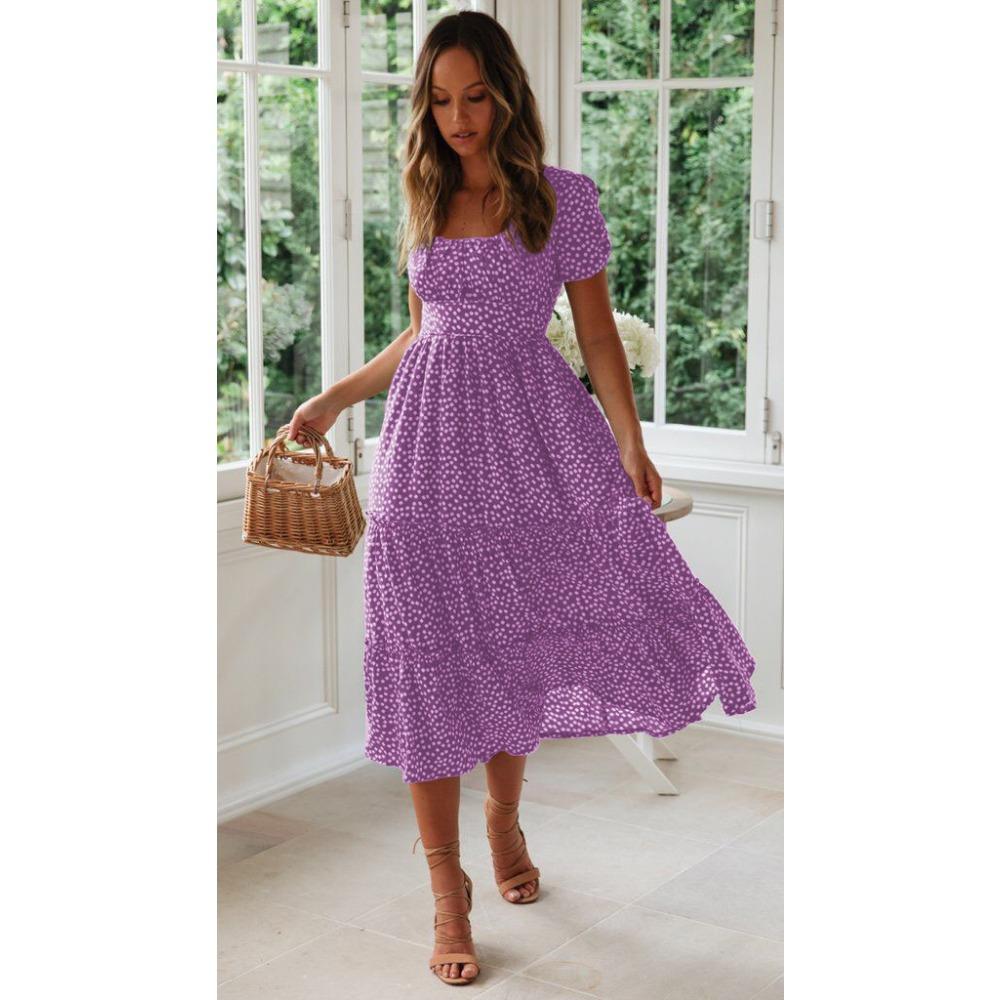 GMXIA Платье с квадратным воротником, рукавами-фонариками и цветочным принтом, длинная юбка