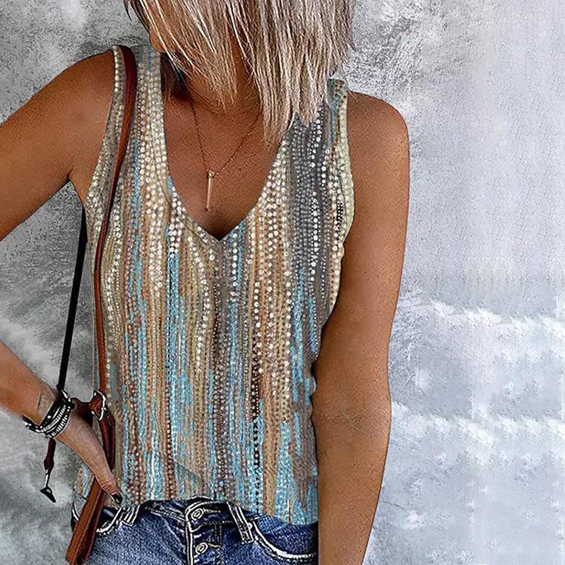 YYFS Женская мода повседневная летняя весна цветные блоки принт без рукавов V-образный вырез блузки и рубашки