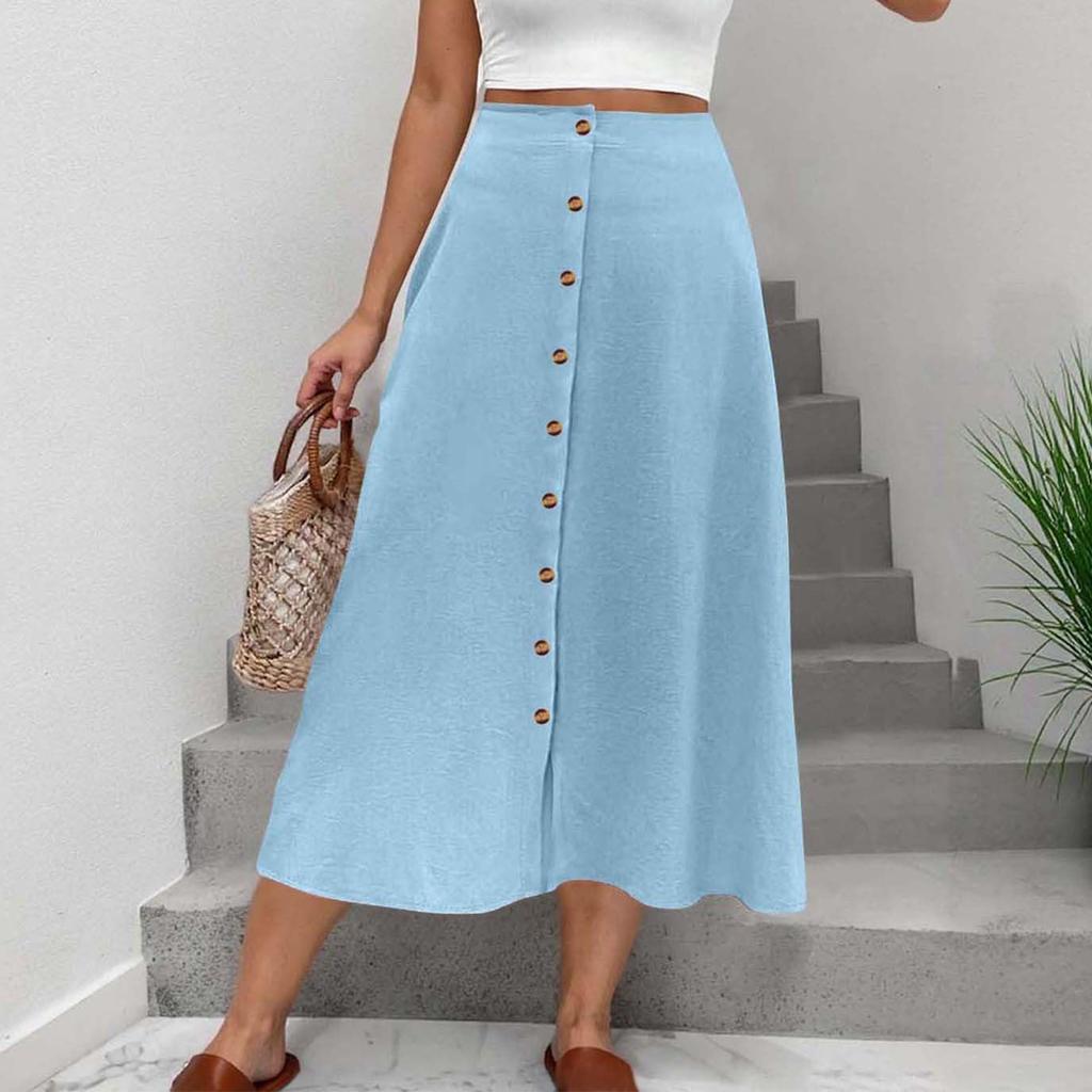 Women's Half Length Skirt With Front Button, Summer Casual Elastic Waist, Pocket A-line Half Length Skirt