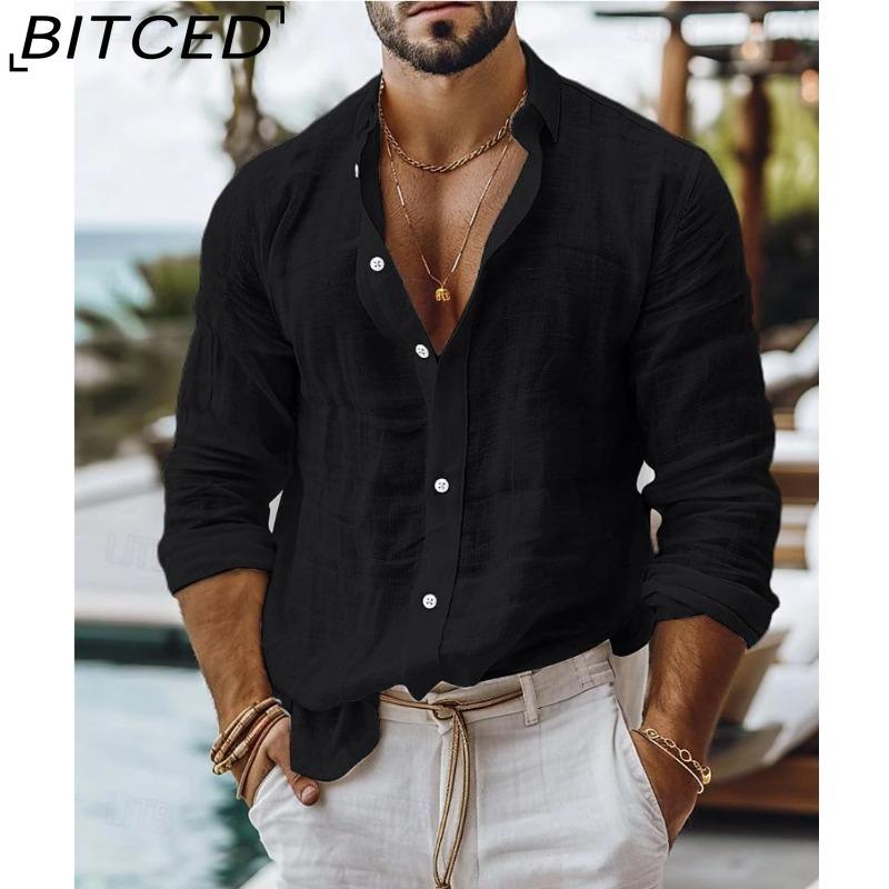 BITCED Мужская однотонная рубашка из смесовой хлопково-льняной ткани Повседневный стиль Рубашка с длинным рукавом Business Casual