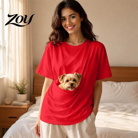 Loose Fit T-shirt Women Pet Pouch T-Shirt, Dog Cat Carrier Short Sleeve Shirt for Breathable Tee Summer, Casual Crew Neck Top with Large Pocket