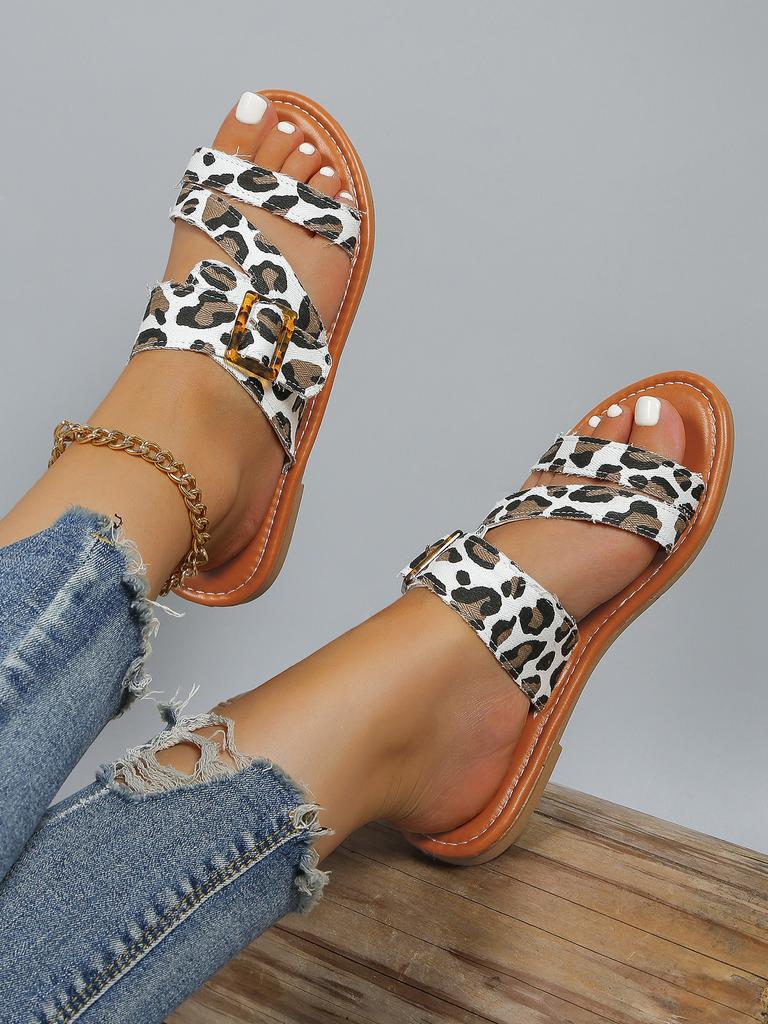 Fashion 2024 Women Summer Leopard Pattern Sandals New Fashion Retro Large Flat Slippers Outdoor Vacation Beach Casual Shoes Lightweight
