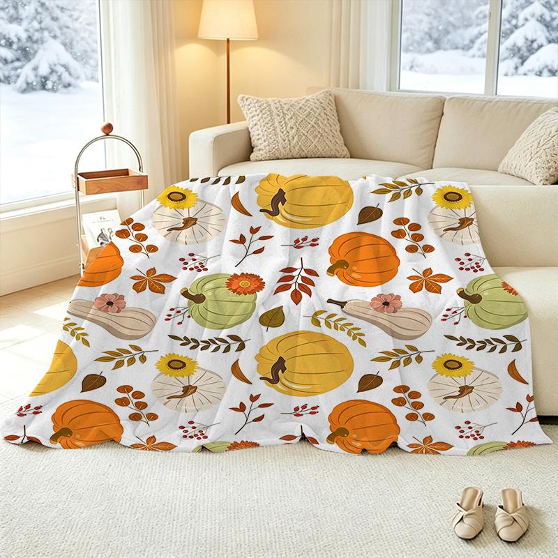 Soft Flannel Fleece Blanket, Lightweight & Warm with Cute Pumpkin Floral Print Perfect for Couch Naps, Home Lounging, Window Seat Decor