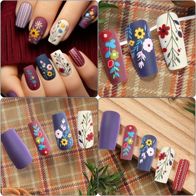 Средняя длина Накладные ногти Полное покрытие Акриловые ногти с матовым цветочным дизайном Легкое нанесение для элегантного маникюра 24 шт.