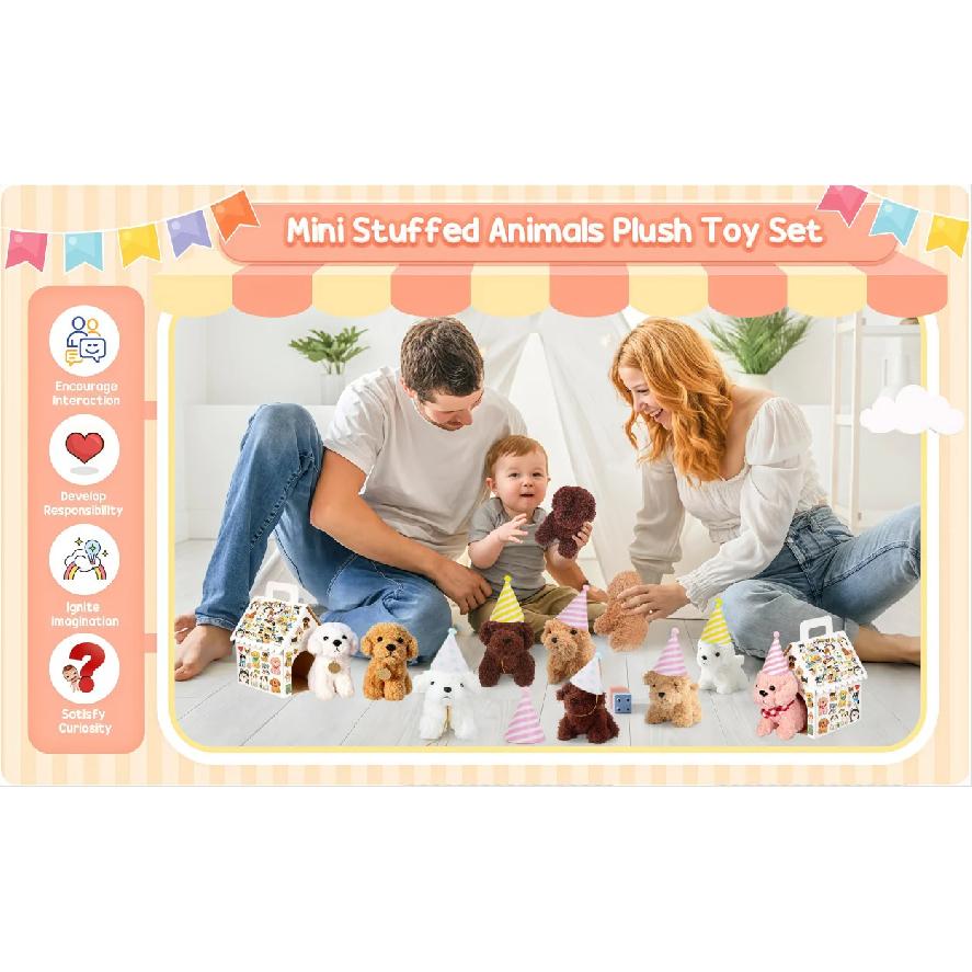 8-24Set Teddy Dogs DIY Adopt A Puppy Party Favors Mini Plush Puppy Stuffed Dogs with House and Stickers for Birthday Party Gifts