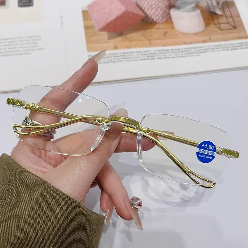 Роскошные брендовые очки для чтения без оправы с защитой от синего света для женщин и мужчин, квадратные очки с дальнозоркостью высокой четкости, диоптрии от +1,0 до +4,0