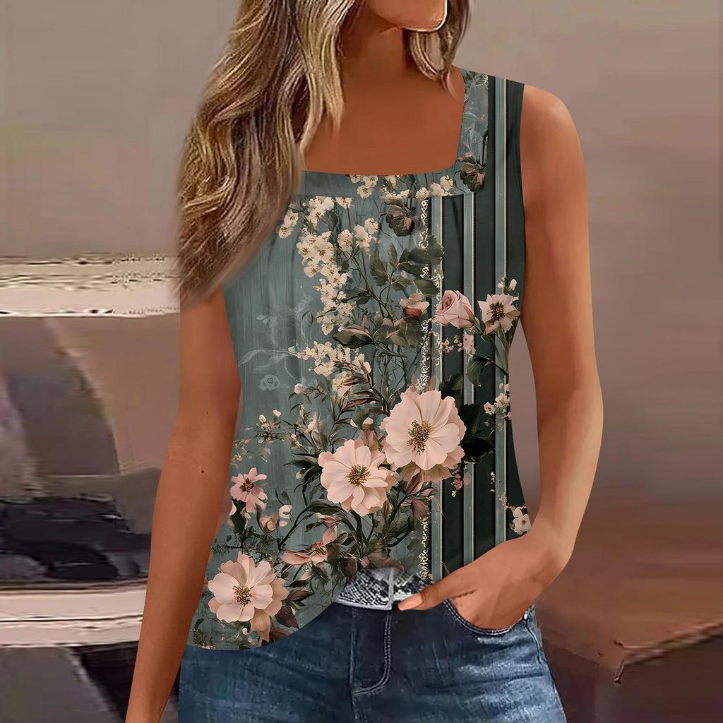 Square Collar Tank Top Women Print Tank Tee Casual Loose Fit Sleeveless Shirt