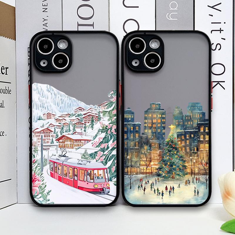 Чехол для телефона в мультяшном рождественском стиле Ins для IPhone 17 Pro Max 16 165 14 13 12 11 Pro Max XR XS X 7 8 14Plus Художественная крышка с изображением городского пейзажа