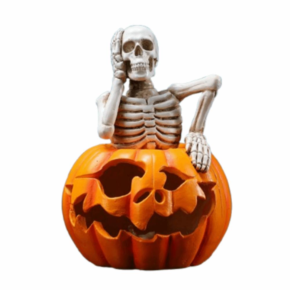 Glowing Design Halloween Skeleton Figurine Resin Craft LED Pumpkin Skull Light Outdoor Yard