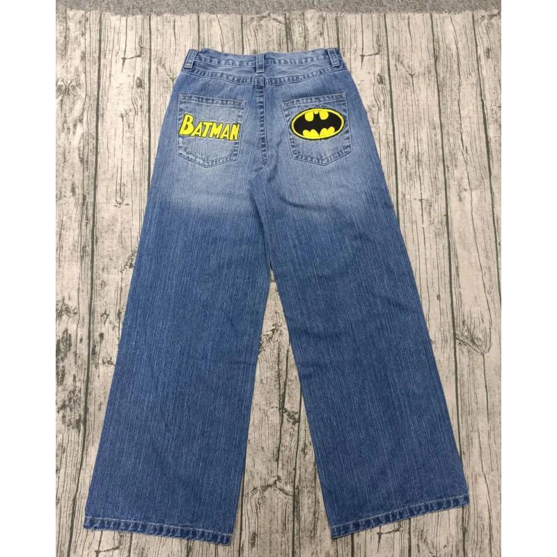 Mens Y2K Vintage Harajuku Bat Embroidery Loose Fit Straight Cut Denim Jeans Casual Streetwear