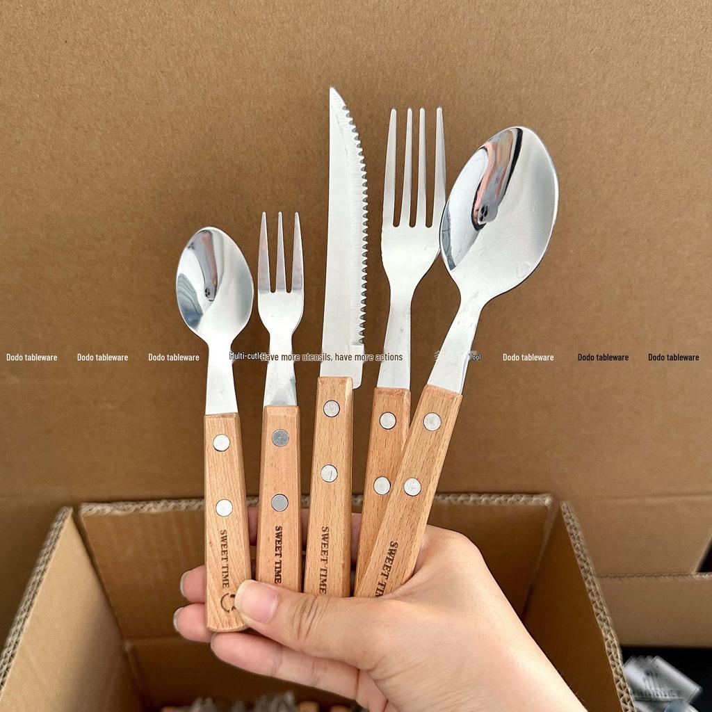 Stainless Steel Cutlery Set with Wood Handles and Smiley Logo - Knife, Fork, Spoon for Desserts and Dining.