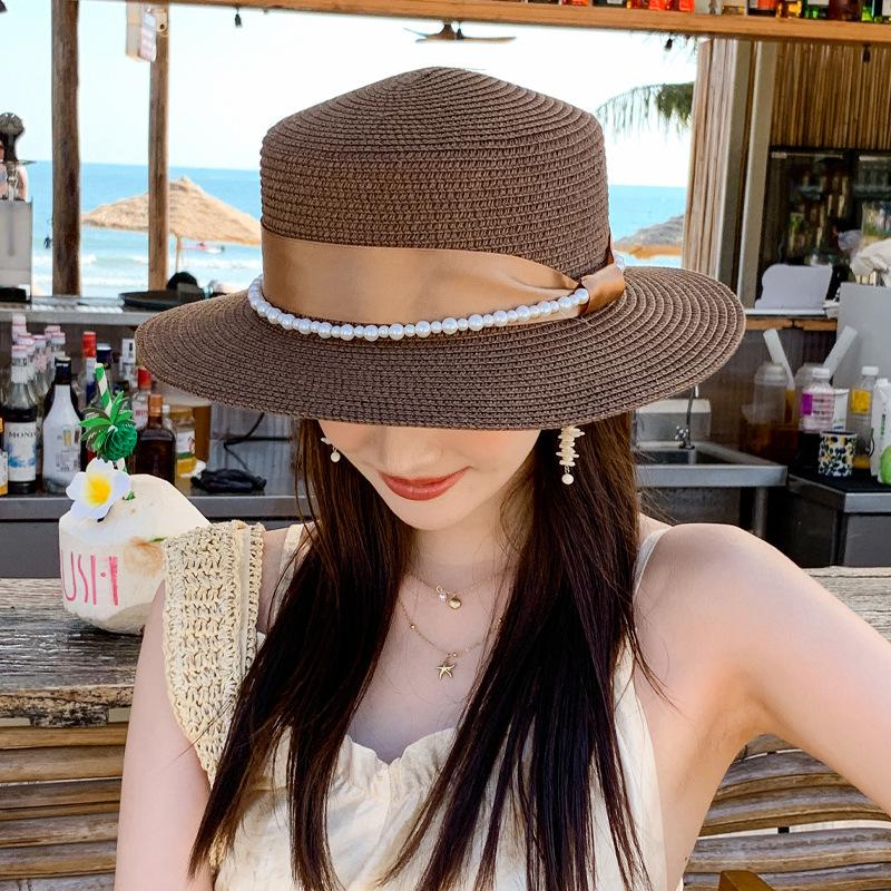 French retro pearl celebrity style Lafite straw hat summer breathable new sun hat children show face small sun protection hat