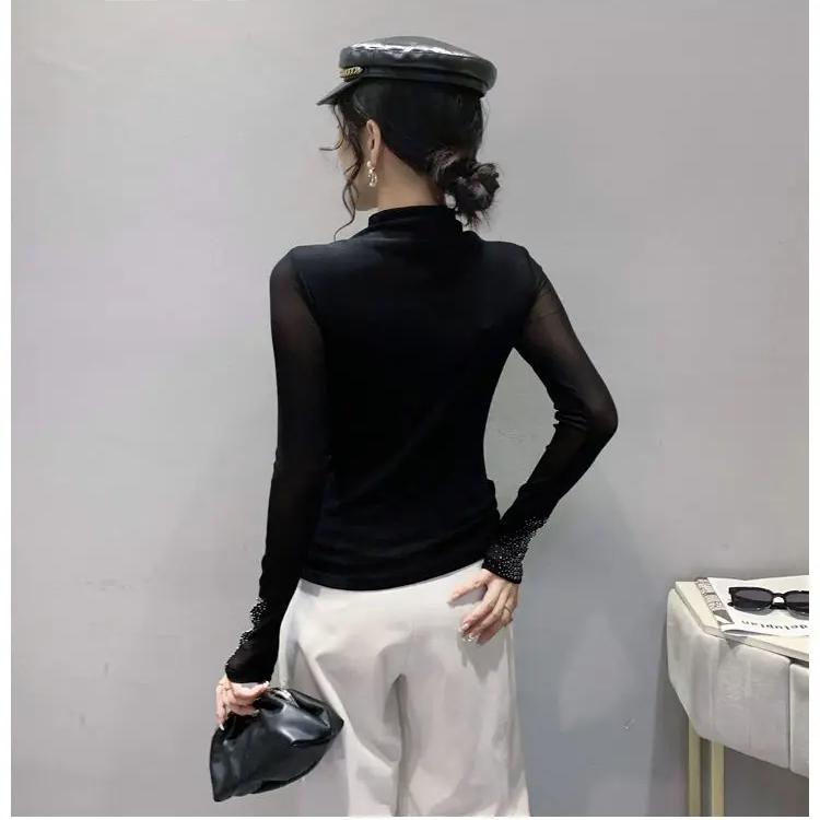 Весенне-осенняя новая модная популярная сетчатая футболка с бриллиантами, женская полосатая футболка с длинными рукавами, однотонная рубашка с высоким воротником