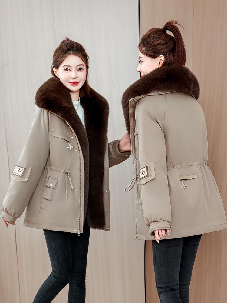 Short big fur collar Parker cotton-padded clothes for women with waist drawstring and multiple pockets, winter thickened cotton-padded jackets mixed b