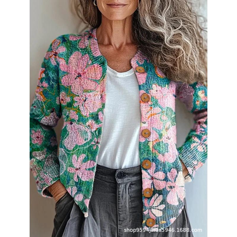 Женский Винтажный Кардиган-Свитшот с 3D Цифровой Печатью Осень