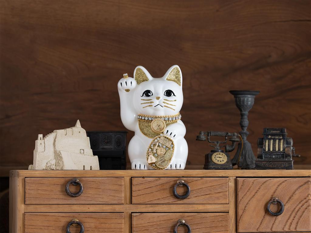 Счастливый кот Миллионер Кот-правая рука Счастливый кот Манеки Кот Счастливый фэн-шуй Украшение Коробка для пожертвований (M-SIZE Белый) Поднятый/Керамический_Lucky (ml_M Белый)