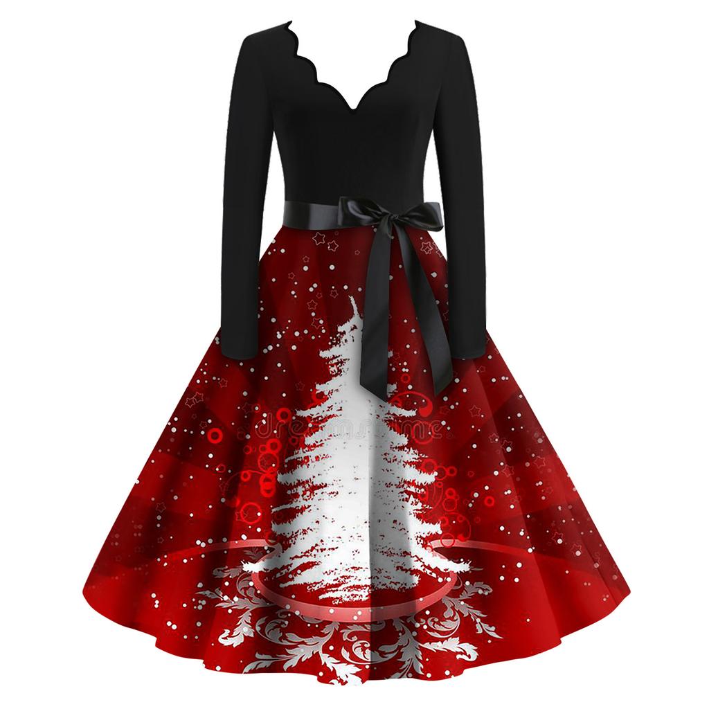 Женские модные повседневные тонкие рождественские платья с длинным рукавом с v-образным вырезом и принтом