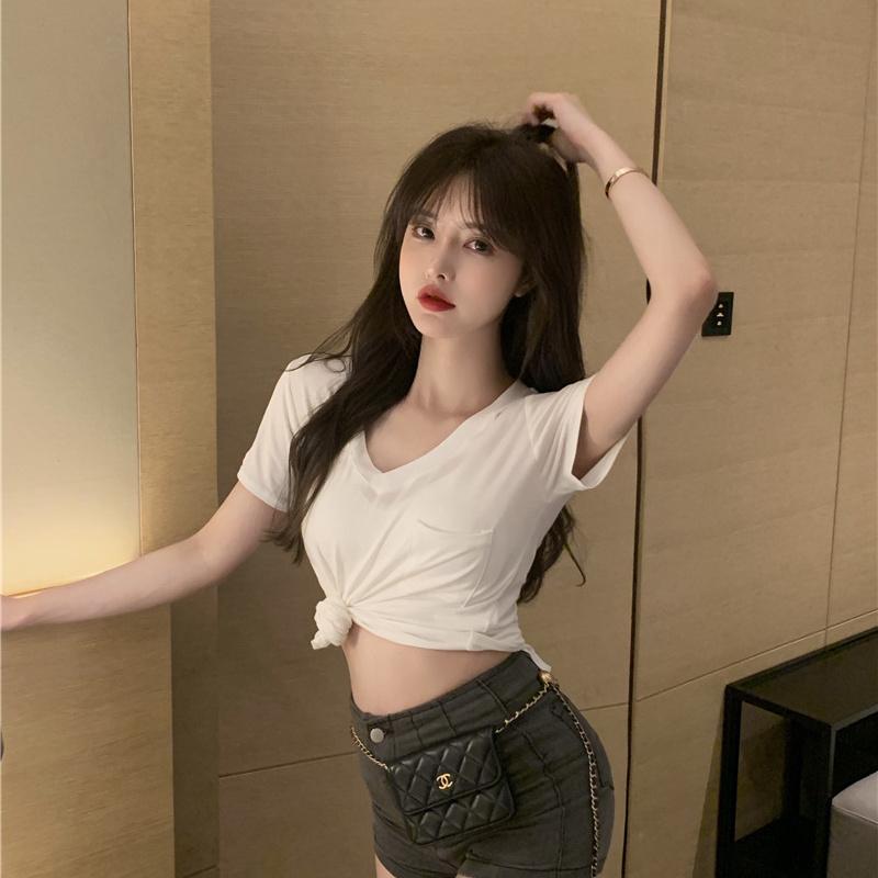 Women Spring Summer Solid Color Short Sleeve T-shirt V-Neck Pocket Slim Irregular Blouses Pullover Base Top M-XXL