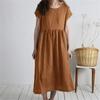 Medium Length Skirt, Round Neck, Short Sleeved Solid Color, Loose Casual Cotton and Linen Dress for Women