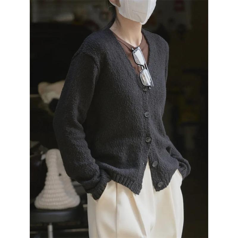 Весенний винтажный вязаный кардиган с V-образным вырезом, женский, с текстурой, свободный, простой, повседневный, с длинным рукавом, женский