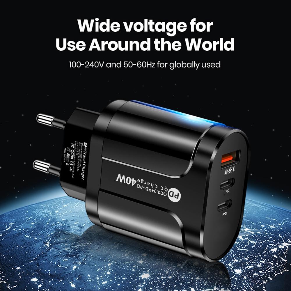 Светодиодное дорожное зарядное устройство 2,4 А USB + двойной Type-C PD для спецификаций ЕС/США