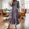 Women's  New Fashion Printed Sexy V-neck Long Sleeved Lace Up  Long Bohemian Casual Loose Dress