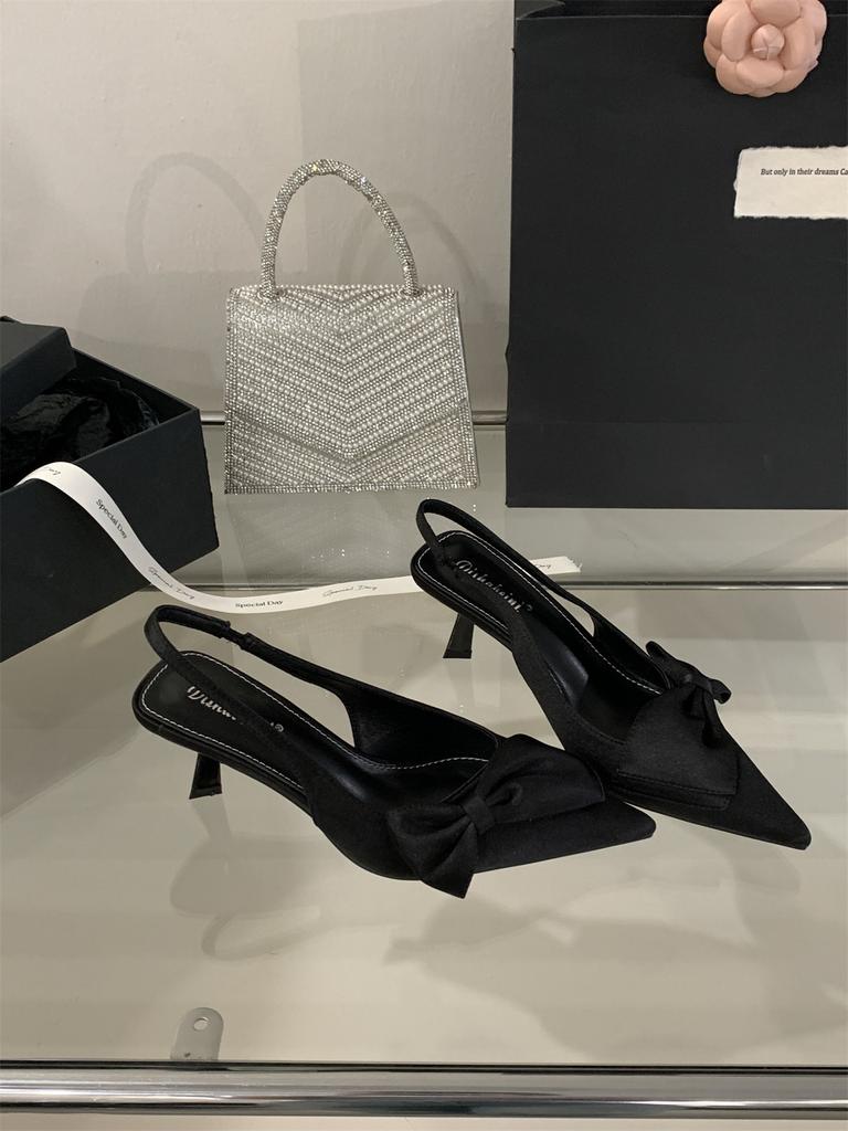 Sandals Spring Summersilksatin Pointed Toe Thin Heel Bow High Heelslight Luxurywomen'S Low Cut Pumps