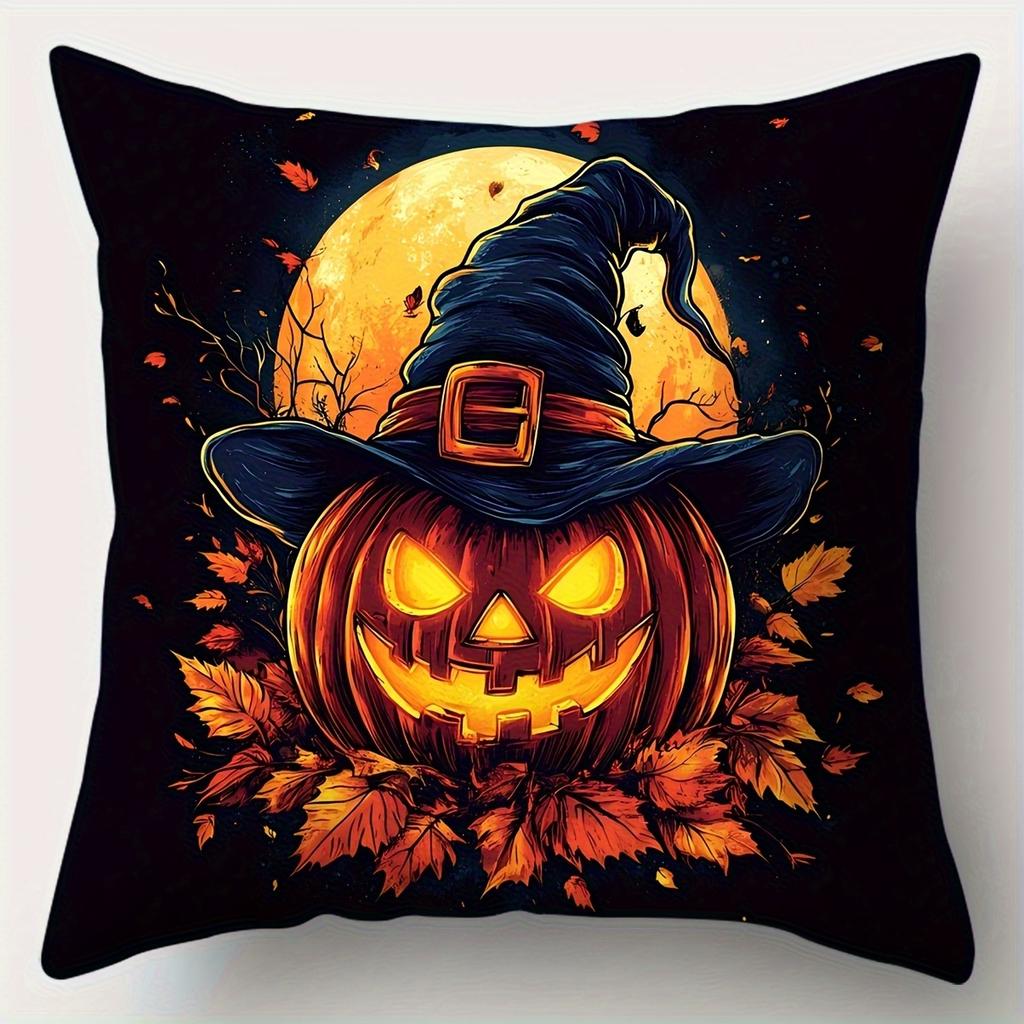 1PC Halloween Pillow Covers, Spooky Pumpkin Castle Bat Print Cushion Covers, Soft and Comfortable Square Pillowcase