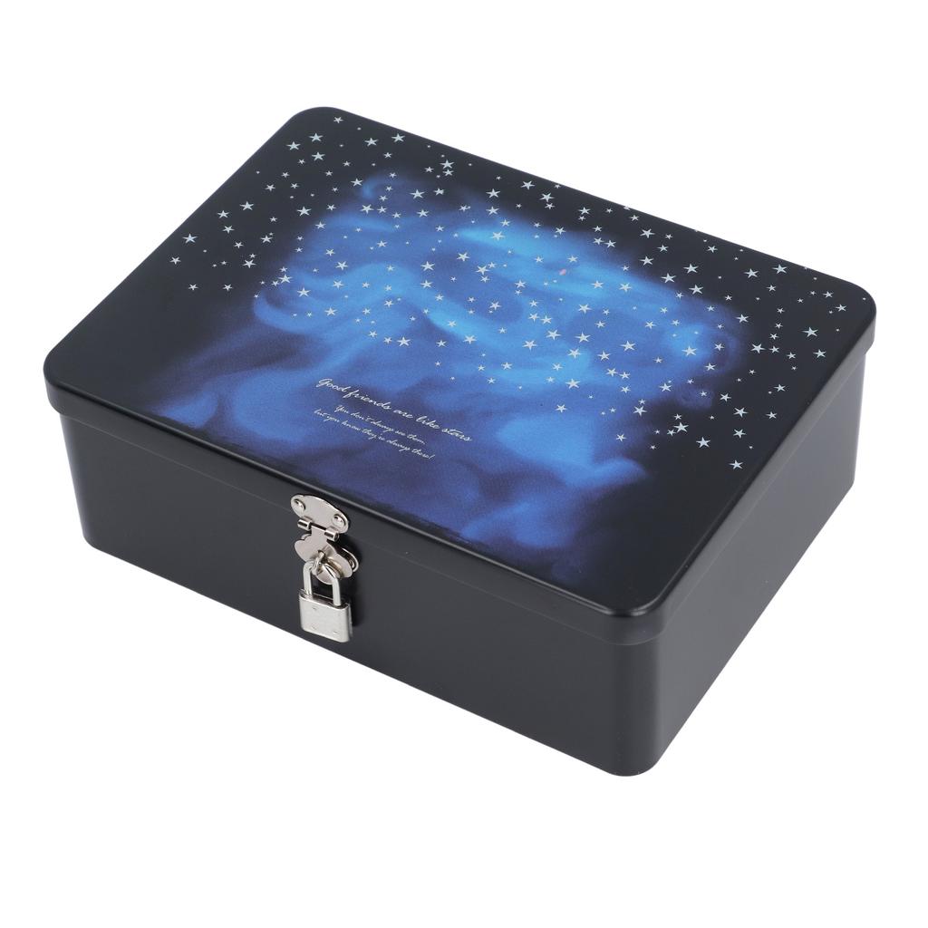Tinplate Storage Box with Lid Padlock Starry Sky Print Rectangular Vintage Metal Jewelry Case for