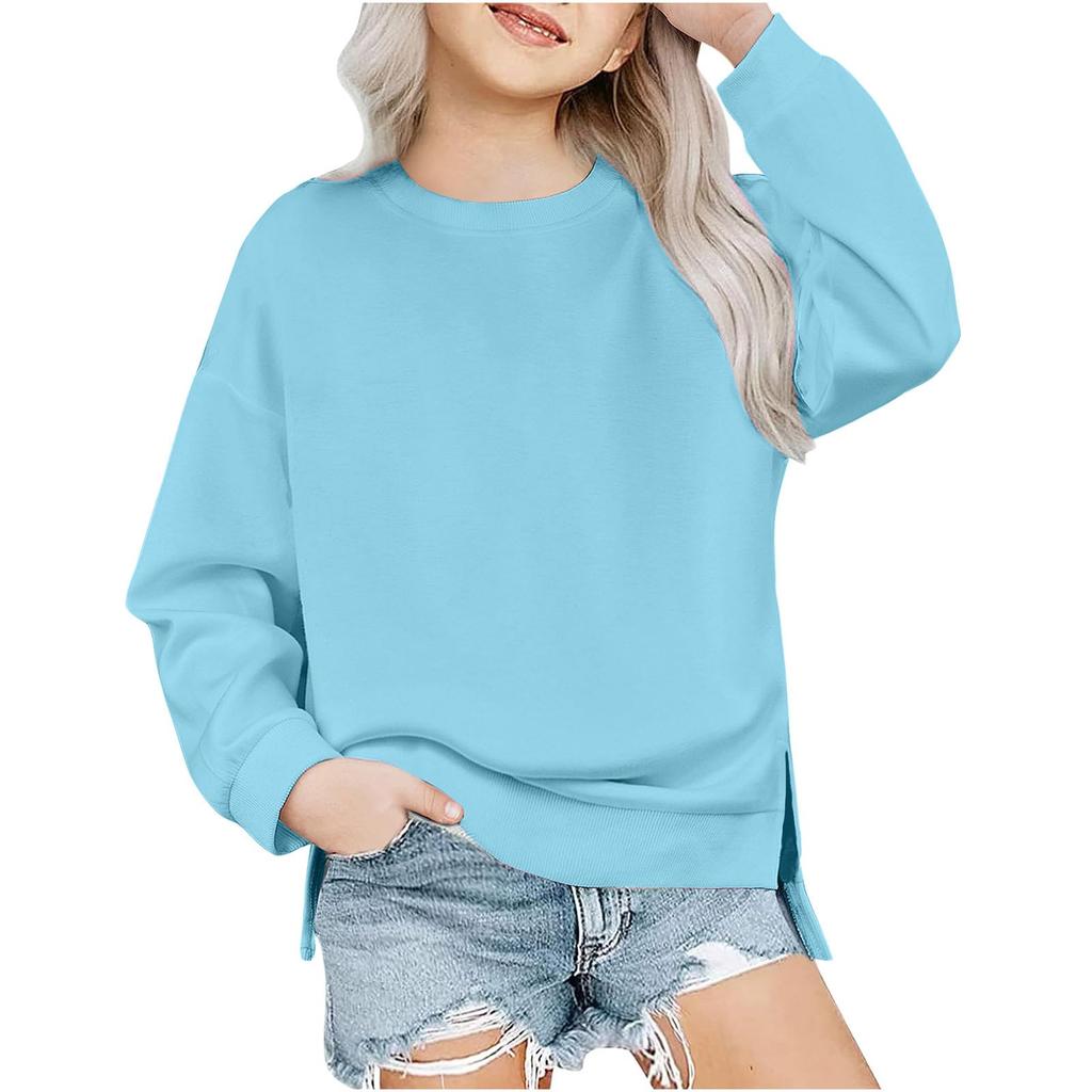 Children's Oversized Pullover Sweatshirt Girls' Round Neck Split-Front Solid Color Hoodie