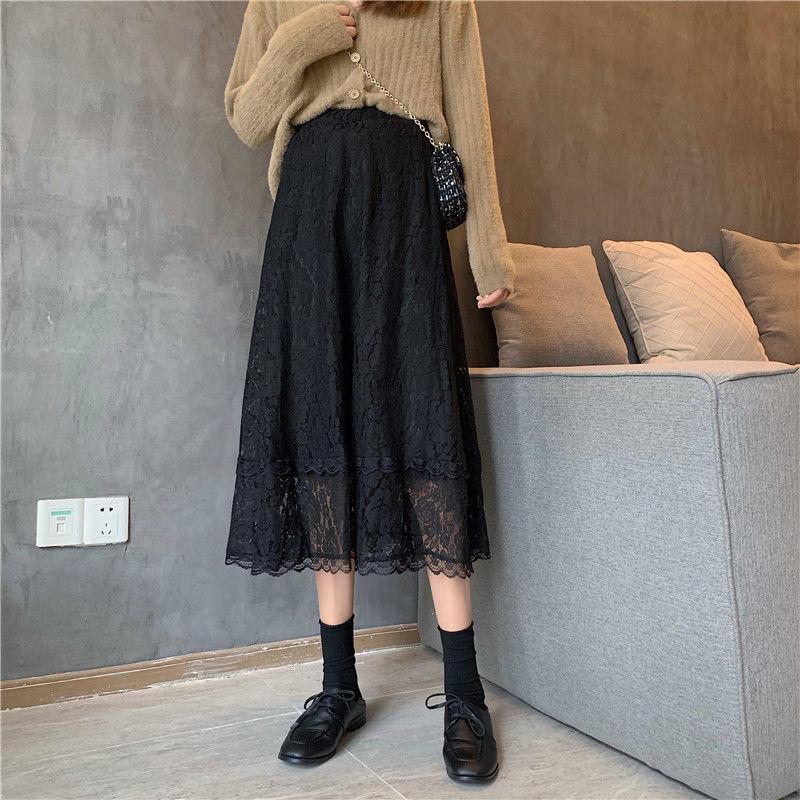 Female Lady Korean Style Black White Blue Lace Midi Skirt Women Spring Autumn Cute Elegant Office A-line Skirt