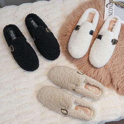 Мода 2025 Женская Пряжка для Ремня Шерстяные Тапочки Обувь Балетки Слипоны Овчина Домашние Тапочки Женские Домашние Шлепанцы Женские Хлопковые Мюли из Овечьей Шерсти