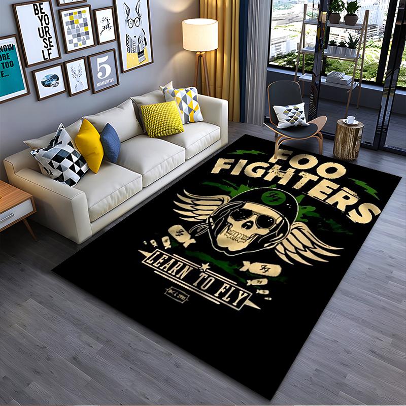 Rock Band Area Rug, Foo Fighters Learn to Fly Winged Skull Helmet Sunglasses Bomber Print, Rock Music Decor, Non-Slip Mat