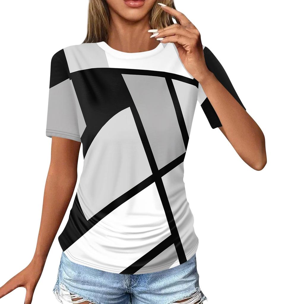 Женские футболки, модные повседневные топы с круглым вырезом и коротким рукавом, туника с принтом
