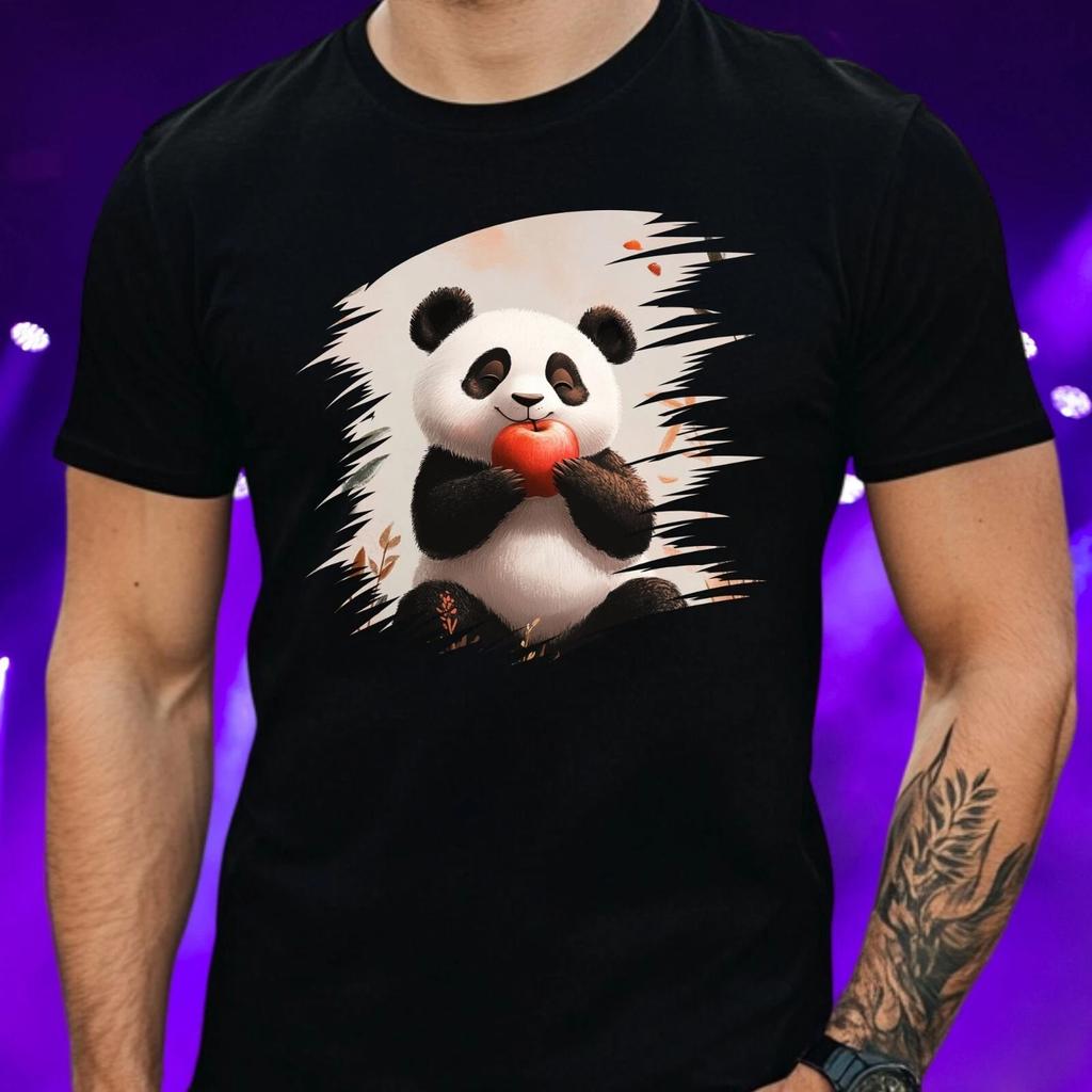 T-Shirt Herren Panda isst Apfel Motiv Baumwolle Größe S bis 5XL
