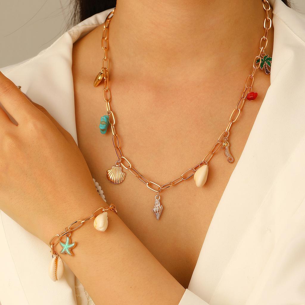 High Quality 2026 Bohemian Heavy Industries Chain Necklace Bracelet Set Ocean Wind Starfish Shell Pendant Accessories